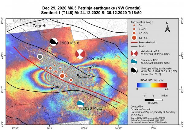 Interferogram potresa na pokupskom rasjedu s epicentrom kod Petrinje kojeg je Tkalčić objavio s dopuštenjem dr. Marina Govorčina